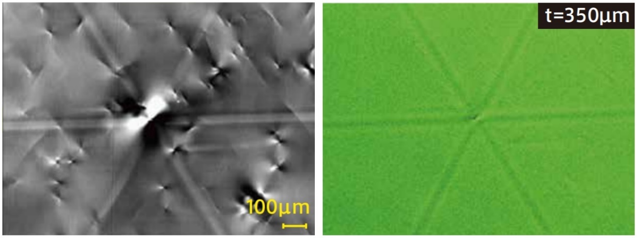 図4 偏光顕微鏡を用いた複屈折観察による半導体単結晶基板の結晶転位の評価