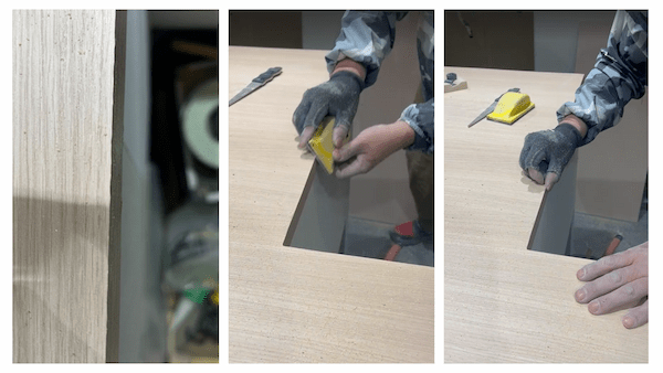 メラミン化粧板で発生したバリ取り作業・オムニサンダー