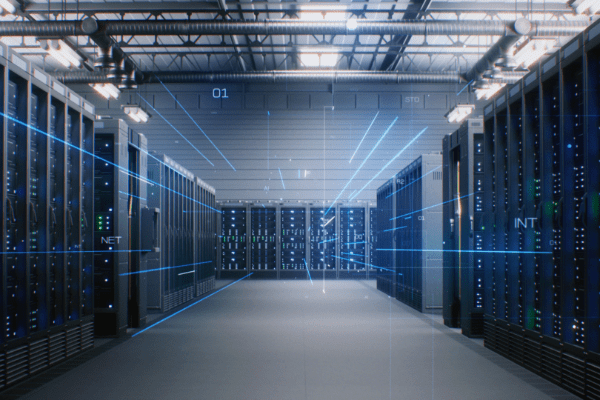 光回路＋サーバーのCG（光が流れるデータセンター）